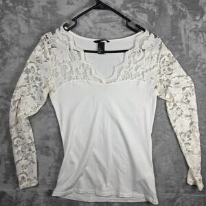 H&M Women's Lace Trim Long Sleeve Top White Size Small As Is‎